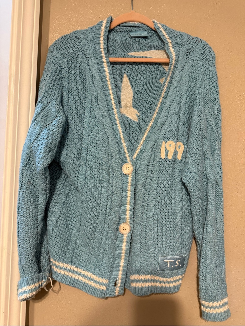 Taylor Swift Cardigan! Light Blue Cable Knit Cardigan Sweater with Contrast Trim